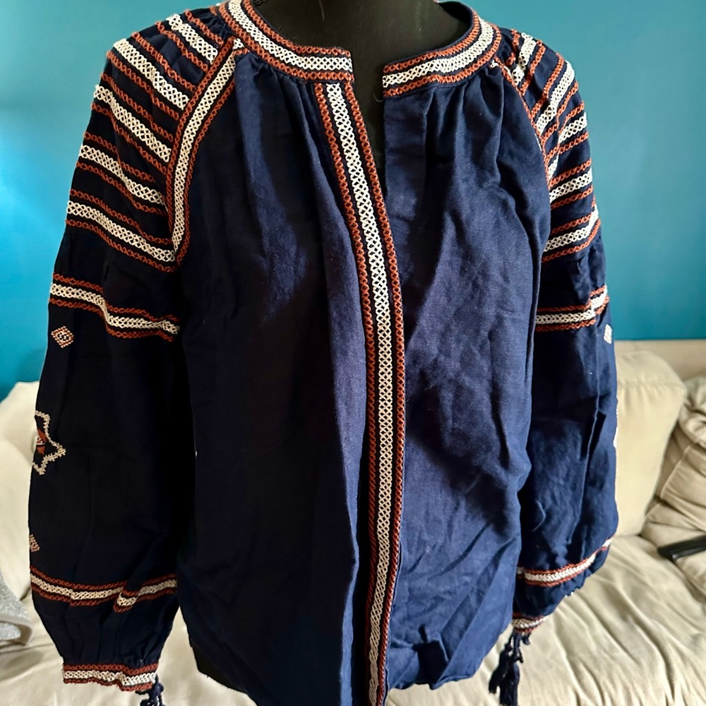 GAP Blue and Red Bomber Jacket with Striped Sleeves